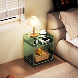 Acrylic End Table Record Player Table with Storage Shelf Clear Side Table Nightstand (15.7x19.7x11.8) (Green)