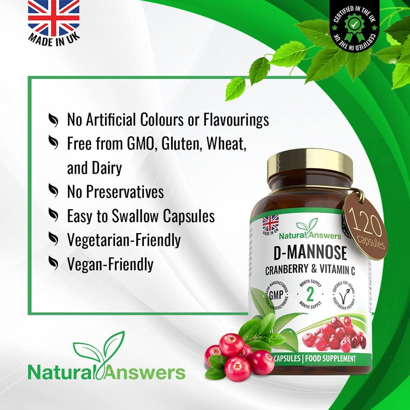 120 D-Mannose Capsules with Vitamin C and Cranberry Extract -