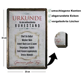 Tin Sign with Saying "Urkunde für den wohlverdienenten Ruhestand" Decorative Sign Metal Sign House Entrance Door Gift Idea Work Farewell Gift Pension 20 x 30 cm