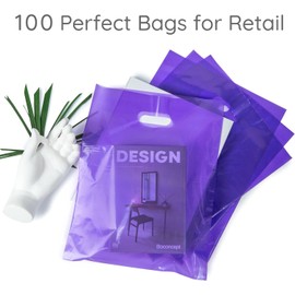 Plastic Shopping Bag with Die Cut Handle Bag 12" x 15" Purple Plastic Merchandise Bags with Handle 100 Pack for Retail, Heavy Duty Bulk Bags