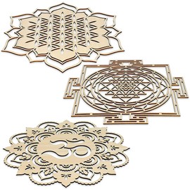Fourth Level MFG 12" Set C 3-Piece (Sacred OM, Sri Yantra Maze, Flower Lotus), Sacred Geometry Wood Wall Art, Zen Home Decoration for Yoga and Meditation, Spiritual Energy Altar Decor, Chakra Grid