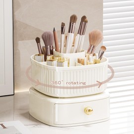 Restorgan Cosmetic Make Up Organiser, 360° Rotating Brush Organiser with Drawer, Cosmetic Rack, Dressing Table Organiser, Cosmetic Organiser for Room Decor Dressing Table, Bedroom (Cream)