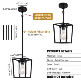 Black Pendant Light for Kitchen Island, 1-Light Farmhouse Industrial Lantern Pendant Light for Hallway Foyer Dinning Room with Clear Glass Shade, Adjustable Height