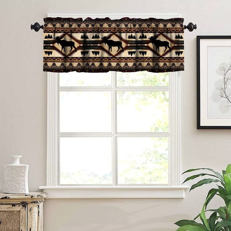 Rustic Moose Deer Window Valance,Vintage Country Style Pine Tree Elk