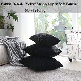 Home Brilliant Black Cushion Covers Set of 2 Striped Corduroy Velvet Square Cushion Cover Decorative Handmade Throw Pillows, Jet Black, 45 x 45 cm, 18 inch