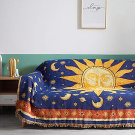 FN Sun and Moon Stars Hippie Throw Blanket Celestial Tapestry Double-Sided Reversible Woven Cotton Home Decor Chair Bedding Couch Recliner Cover Loveseat Oversized Tassels Blue Yellow (91x71)