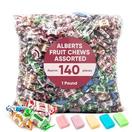 Alberts Fruit Chews Assorted - 1 Pound Approx 140 pieces Bulk Candy, Individually Wrapped Chewy Candy, Assorted Flavors Green Apple, Blue Raspberry, Peach, Grape & Strawberry
