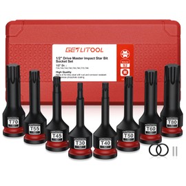GETLITOOL 8Pcs Impact Torx Bit Socket Set, 1/2" Drive S2 Steel Star Bit Sockets T30-T80 with Size-marked and Storage Case for Car Repair, Mechanical Maintenance, Furniture Assembly