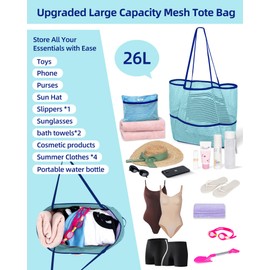 Mesh Beach Tote Bag Packable,2025 New 2-in-1 Large Lightweight Foldable Beach Bags with Multiple Pockets for Women, Blue, One Size