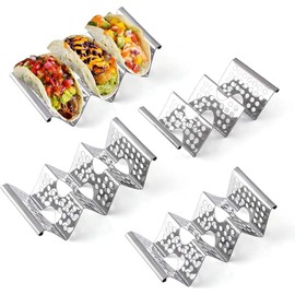 Taco Holder Stand, 4 Pack Stainless Steel Stand Rack with Handles, Taco Tray Holds Up to 3 Tacos, Taco Rack Stands for Dishwasher and Oven, Wave Taco Rack for Restaurant and Home Use, Silver