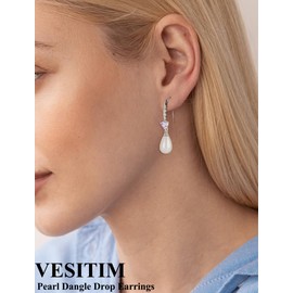 Vesitim Pearl Dangle Drop Earrings 925 Sterling Silver Shell Pearls Hook Earring Created Alexandrite Jewelry Gift for Women
