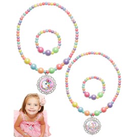 KGDUYC 2 pieces, girls' rainbow necklace, unicorn bracelet set, colourful crystal beads necklace, unicorn charm bracelet for children, pretend costume dress