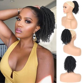 CINHOO Clip on Drawstring Ponytails for Black Women Faux Loc Ponytail Hair Piece, Soft Locs Buns Ponytail for Black Women Synthetic Short Curly Ponytail Extension for Black Women Child(1B)