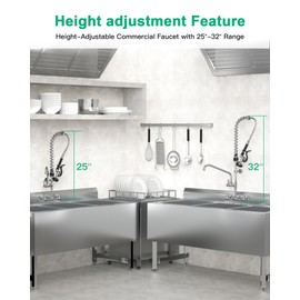BESTJEEF Commercial Sink Faucet with Pre-Rinse Sprayer -Height Adjustable (25-32 inch) Wall Mount Industrial Kitchen Faucet 8 inch Center with Pre-Rinse Sprayer and 12 Inch Swivel Spout