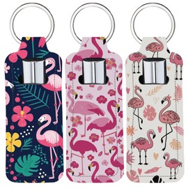 CRASPIRE Chapstick Holder Keychain Flamingo Lip Balm Pouch Flowers Pink Rectangle Neoprene Printed Rubber Lipstick Portable Pocket Gloss Case Sleeve for Women Holiday Travel Makeup Storage Bag
