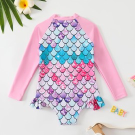 HPSOM Kids Girls Swimsuit Long Sleeve One Piece Swimwear Zipper Bathing Suit UV Protection Rash Guard Swimming Mermaid