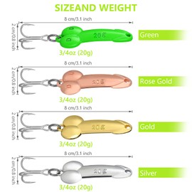 4 Pices Fishing Lures Fishing Spoons Treble Hooks Spinning Lures Hard Metal Spinner Baits kit, 3/4oz, Gold, Silver, Rose Gold, Green
