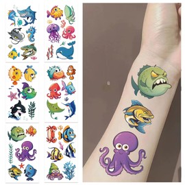 10 Sheets Ocean Fish Temporary Tattoos for Kids, Sea Animal Birthday Party Favors, Cute Cartoon Decoration Sticker Gifts for Girl Boys Home Activity Class Prizes Carnival Christmas Rewards