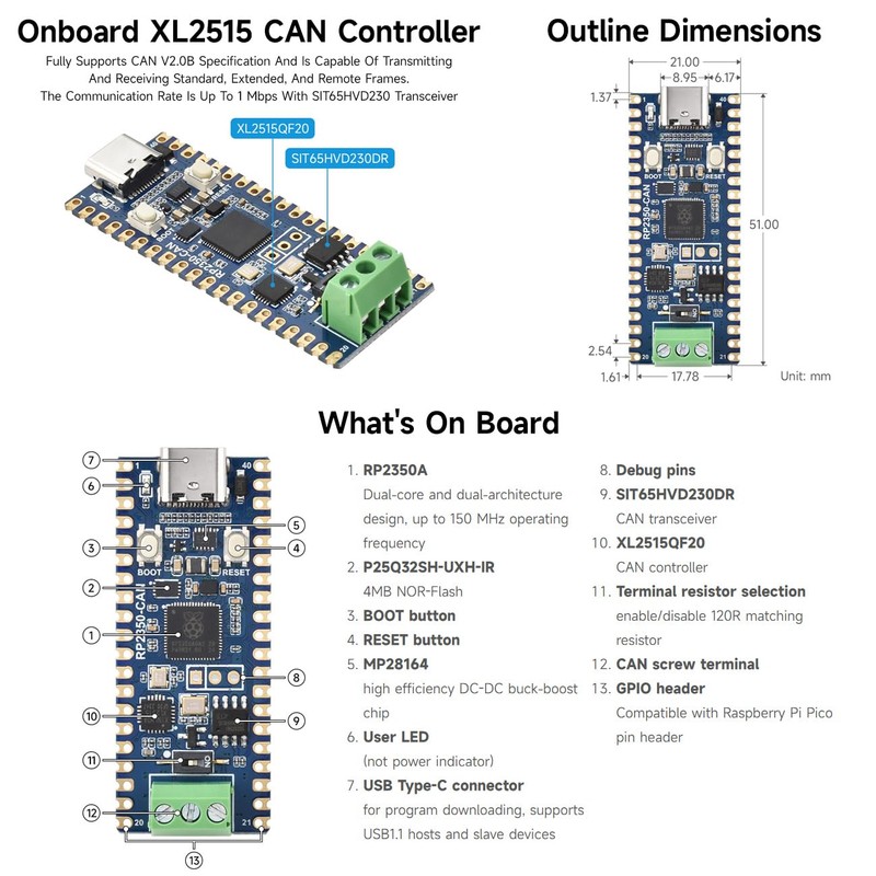 Waveshare RP2350 CAN Development Board Based on Raspberry Pi RP2350A