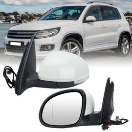 Left Driver Side Mirror Compatible with Volkswagen Tiguan 2009-2017 Power Glass Heated with Turn Signal Manual Folding 6 Pins (White)