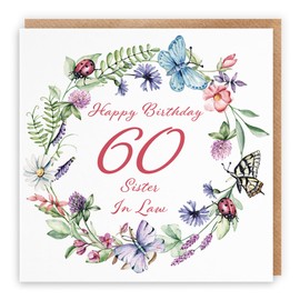Hunts England - Sister In Law 60th Birthday Card - Happy Birthday - 60 - Sister In Law - Meadow Collection - Flowers, Butterflies, Pretty Card