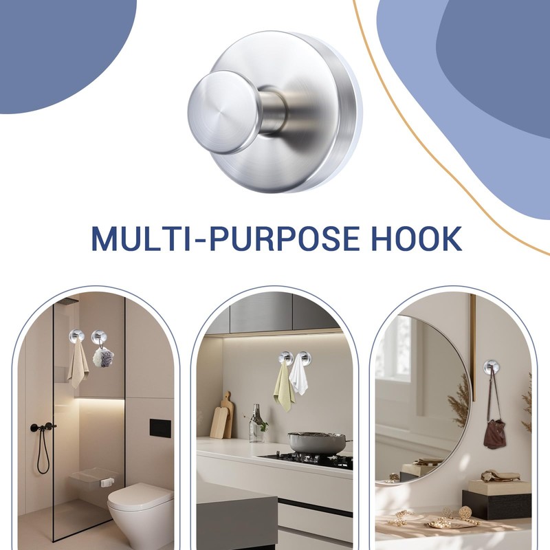 WellMade 2 Pack Brushed Stainless Steel Suction Cup Hooks for