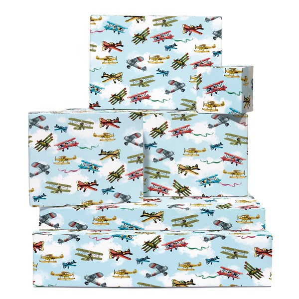 Kids Wrapping Paper - 6 Sheets of Gift Wrap and Tags - Vintage Airplane - Boys Birthday Wrapping Paper - For Him Men - Comes with Stickers - Recyclable - By Central 23
