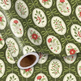 LeZakaa Green Vintage Christmas Wrapping Paper Roll, Green Flowers, Bow Design, for Christmas, Winter Holidays, for Garden Parties, Women, Kids, Mini Roll 17 in x 16.4 Ft