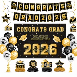 2026 Graduation Decorations Set, Gold and Black Party Supplies - Includes Congrats Grad Banner, Class of 2026 Backdrop, Balloons, Streamers, and Hanging Decor