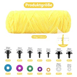 Mngevcy 3 x 150 m Chenille Wool for Crochet, Fluffy Wool, Soft Chenille Yarn with 14 Safety Eyes for Knitting (Bright Yellow)