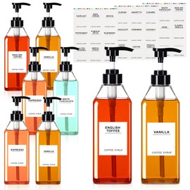 Nuogo 6 Pcs Coffee Syrup Dispenser 300ml/500ml/750ml Pet Syrup Bottles Black Syrup Pump Dispenser Syrup Container Syrup Pump Bottle with 27 Labels Kitchen Accessories(25.4 oz)