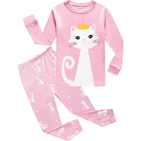 EULLA Girls Pyjamas Long Sleeves Kids Cat Cotton Pjs Kitty