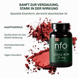 NFO GENTLE IRON 2er-Pack [2x100=200 Eisentabletten] Eisen hochdosiert mit Ferrochel-Formel – die bioverfügbarste Form gegen Eisenmangel – vegan geeignet – aus Norwegen – hoch verträglich