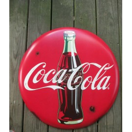 Open Roads Coca-Cola Rustic 24 Inch Red Disc Button Sign Contour Bottle Script Logo