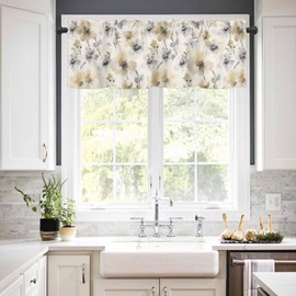 Watercolor Flower Valances Window Treatment Farmhouse Decor, Beige Grey Spring Floral Botanical Rod Pocket Valance Curtains for Living Room, Bedroom, Kitchen, 54" W x 18" L - 1 Panel
