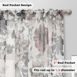DriftAway Floral Sheer Curtains for Living Room Brown Flower Spring Printed Sheer Drapes Light Filtering Curtain for Bedroom 63 Inches Long 2 Panels Set Rod Pocket Window Treatments Elegant Curtain