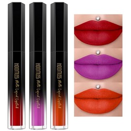 Juego De 3 Lápices Labiales Líquidos Mate De Larga Duración Para Mujer, Resistentes A Las Manchas, Color Rojo, Morado Y Naranja, Sin Crueldad Animal, 
