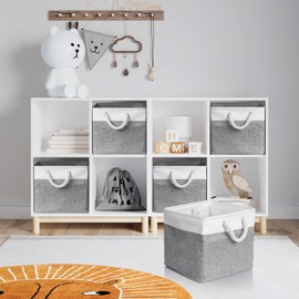 Cozary Storage Box Set 28 x 28 x 28 cm - Foldable - Storage Basket with Metal Insert and Cotton Handle - Fabric Storage Basket for Shelf, Cupboard and Clothes - Grey/White - Pack of 3