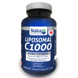 Naka Platinum LIPOSOMAL C1000 featuring 1000 mg/dose Non-Allergen High Potency Liposomal Buffered Vitamin C (90 softgels, 500mg/softgel)