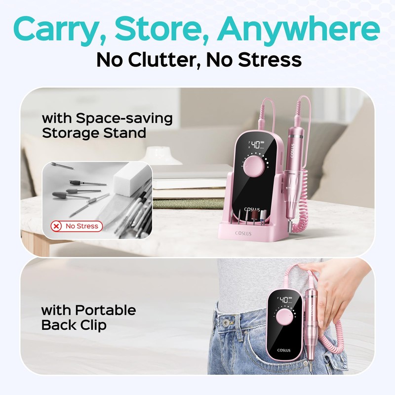COSLUS Professional Electric Nail Drill：35000RPM, Portable Rechargeable Electric File with