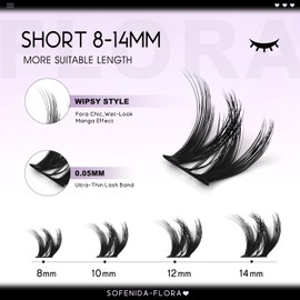 Flora Lash Clusters Short 8-14mm Light-Volume Wispy Eyelash Clusters D Curl - WideSpan DIY Eyelash Extension Spiky Cat Eye Lashes Individual Fake Eyelashes Clusters with 0.05mm Ultra-Thin Black Band
