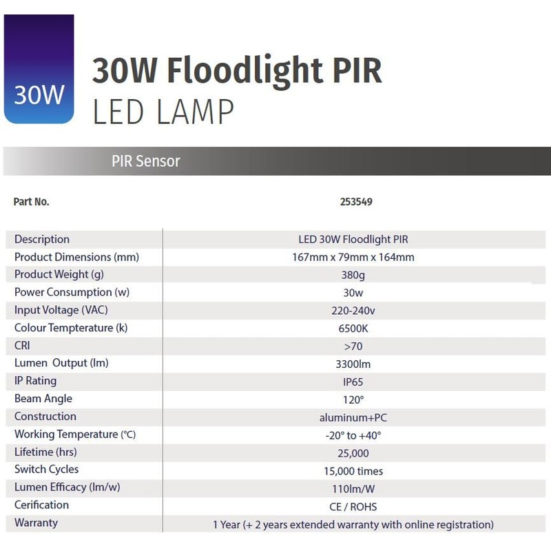 Bright Source LED Floodlight, PIR Motion Sensor, IP65, 30W, 3300lm,