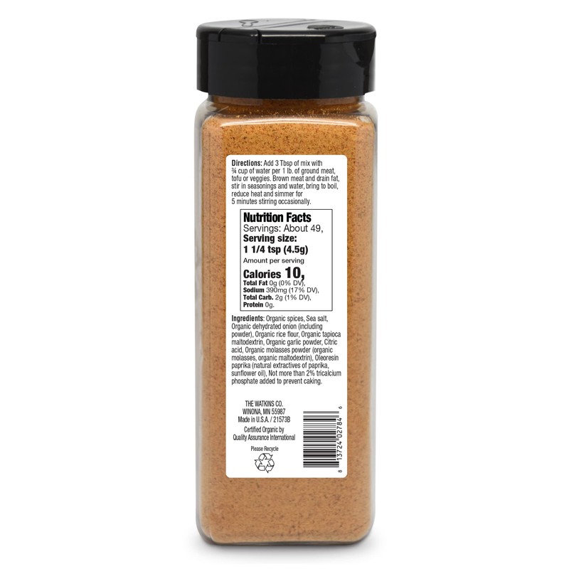 Watkins Organic Taco Seasoning, 7.7 oz, 1-Pack