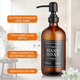 2 Pack Brown Glass Bottle, Soap Dispenser with Stainless Steel Pump,16 oz Upgrade Hand and Dish Soap Dispensers Kitchen, Hand Soap Dispenser Bathroom Accessories for Hotel, Vacation Rental, Restaurant