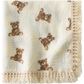 Little Jump Cotton Muslin Swaddle Blankets with Tassel, Boho Bohimia Muslin Baby Blanket Neutral with Fringe, Vintage Teddy Bear Nursery Decor Muslin Throw Blanket 47" x40" (Teddy Bears)