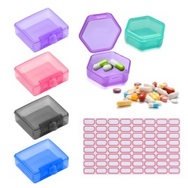 4 Square Mini Pill Boxes, 2 Hexagonal Pill Boxes, 1 Label Sticker, Waterproof and Moisture-proof, Portable Pill Box for Travel, Business Trip, Sports (5 Colors)