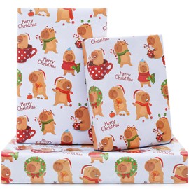 NEPOG Christmas Capybara Wrapping Paper, Lovely Capybaras Christmas Gift Wrap, 6 Sheets Folded Flat 20x28 Inches per Sheet for Kids Girls Boys Men Women Xmas Decorative Paper and Birthday