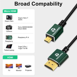Thsucords Thin Micro HDMI to HDMI Cable 1FT, Ultra Slim&Flexible Soft Micro HDMI D Type to HDMI A Type Cable Supports 3D/4K@60Hz/18gbps/2160P/1080P for GoPro Hero7/8/9 Raspberry Pi 4