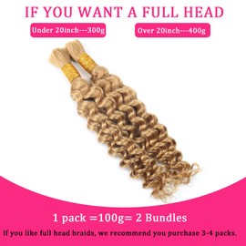Human Braiding Hair for Boho Braids 100g Deep Wave Boho Hair for Braiding Knotless 12A Wet and Wavy Curly Bohemian Bulk 2 Bundles 100% Human Hair Extensions No Weft #27 Honey Blonde 16 16 Inch