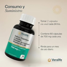 Veralife | Gaba, L-triptofano, L-Teanina,Glicinato Magnesio y vitaminas 60 Capsulas 700 mg, Calidad Premiun